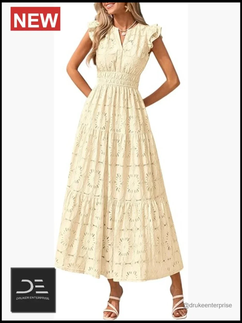 Boho Maxi Dress Flutter Sleeve V Neck Lace Eyelet Tiered Beach Wedding Guest
